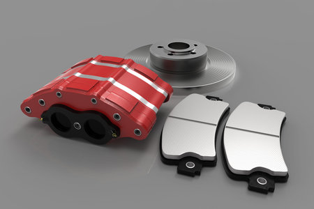 Disk brake. Brake system in parts. Car parts. 3D rendering.