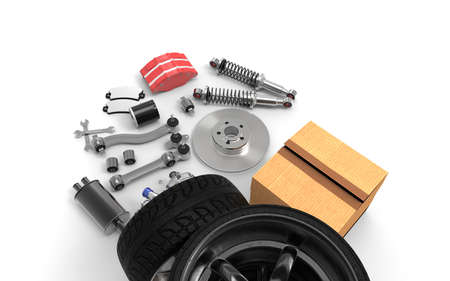Car parts on background. Car parts box. 3D rendering.の写真素材