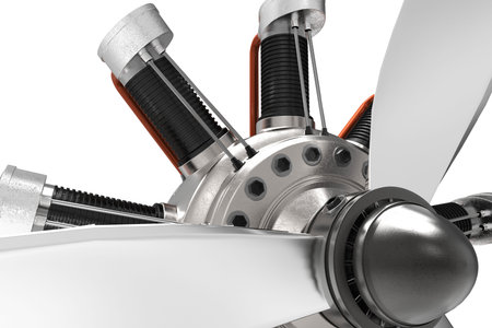 Airplane engine. Engine for airplane. Vintage engine. White background. 3D rendering.