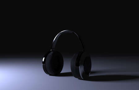 Headphones. Black background. 3D rendering.の写真素材