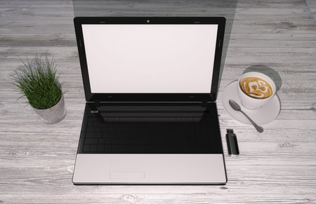 Lap top on white background. Wooden background. Notebook. 3D rendering.