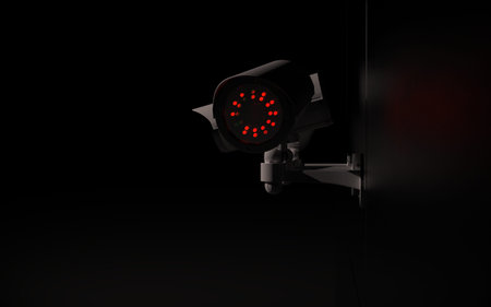 Security camera on wall. Dark background. 3D rendering.
