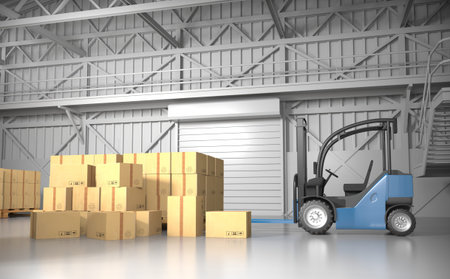 Large trucking warehouse with cargo (warehouse, hangar, industrial). 3D rendering.の写真素材