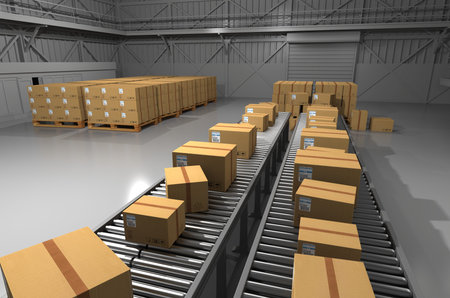Warehouse boxes. Boxes in warehouse. 3D rendering