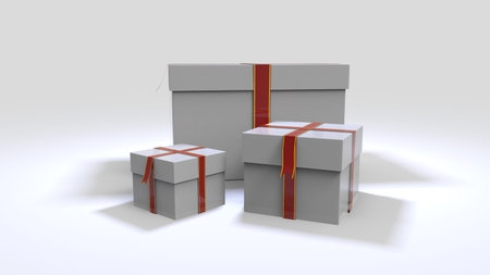 Boxes with ribbon. New year boxes. 3D rendering.