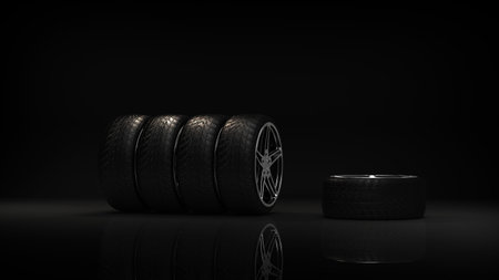 Sport racing tires. Tire with sport car rims. 3D rendering