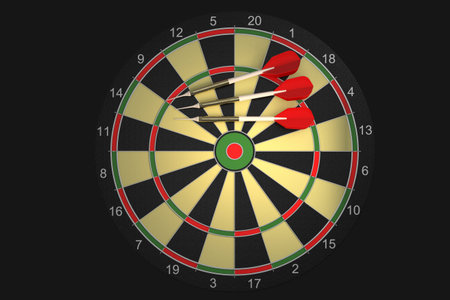 Dart Board with Three White Darts. 3D rendering.