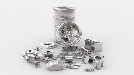 Car parts. Disk brake, rim, wrench and suspension. 3D rendering.