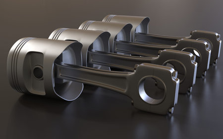 Pistons on background. Car parts. 3D rendering.