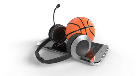 3D illustration of a basketball ball on court on a smartphone screen. Watching basketball and betting online concept. Isolated. 3D rendering.の写真素材