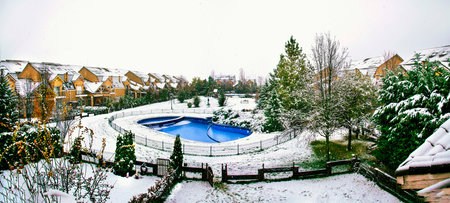 Snowmani in a beautiful neigborhood in Bucharest.Christmas landscapeの写真素材