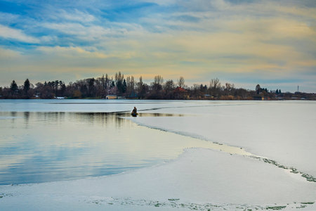 Snagov lake during wintertime, frost and ice on the surfaceの写真素材