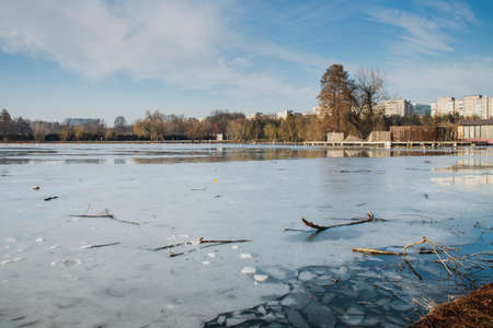 Beautiful winter day in the park , Parcul Tineretului in Bucharestの写真素材