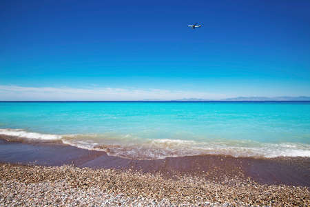 Beautiful blue sea and blue sky view, nature concept background, beach during summer time. Rhodes island ,Greeceの写真素材