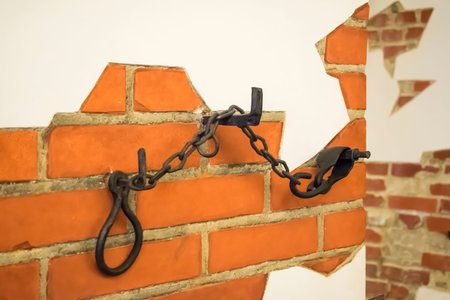 The chains, slave chains on the wall of red brick 16 century