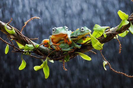 frog perched on leaf root