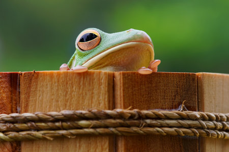 Green tree frog resting on a wooden box with a blurred background.の写真素材