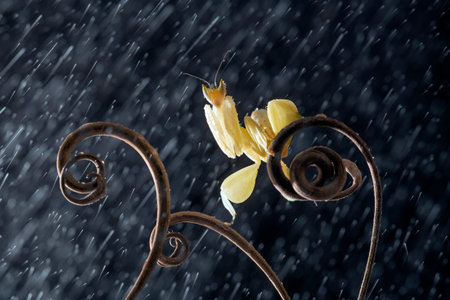 Yellow rose in a vase under the rain on a dark backgroundの写真素材