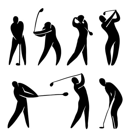 Golf player vector icon set silhouette black on white. Abstract player in gameplayのイラスト素材