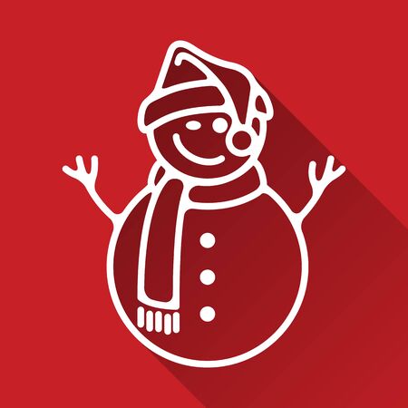 Christmas snowman modern style white line icon with shadow on red backgroundのイラスト素材