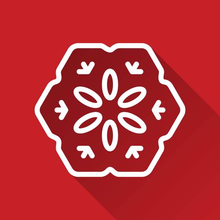 Christmas snowflake modern style white line icon with shadow on red backgroundのイラスト素材