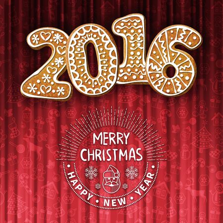 Christmas or New Year greeting card with gingerbread numbers of 2016. Red decorated background. Vector illustrationのイラスト素材