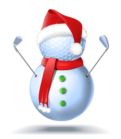 Snowman golfer with irons in red Santa Santa hat on golf ball.のイラスト素材