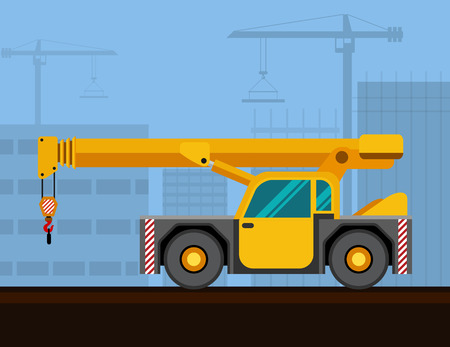 Carry deck industrial crane mounted on truck with construction background. Side view mobile crane vector illustrationのイラスト素材