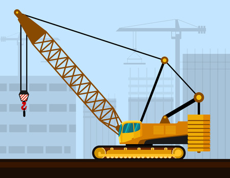 Crawler lattice boom crane with construction background. Side view mobile crane illustrationのイラスト素材