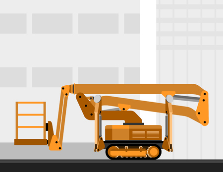 Aerial man crawler lift crane with construction background. Side view mobile crane vector illustrationのイラスト素材