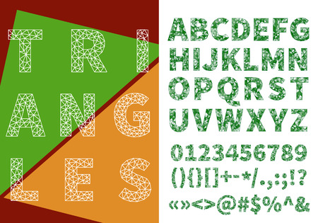 Polygonal alphabet letters digits and punctuation marks. Triangles net textured alphabet. Vector illustrationのイラスト素材