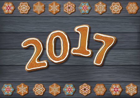 Gingerbread numbers of 2017 and snowflakes cookies vector illustration on wood backgroundのイラスト素材