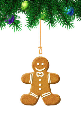 Gingerbread man on christmas tree. Isolated illustration on white backgroundのイラスト素材