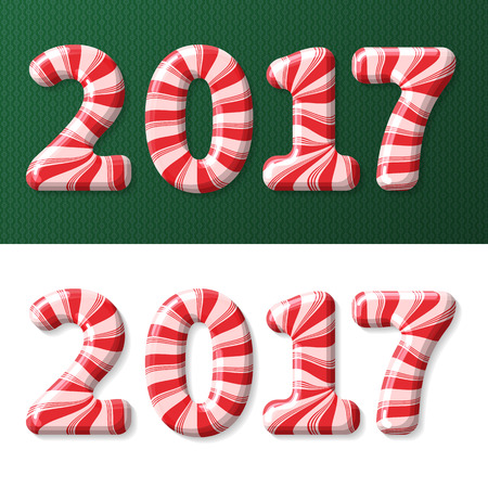 Candy cane numbers of 2017 new year holiday on green decorated pattern and white background.のイラスト素材