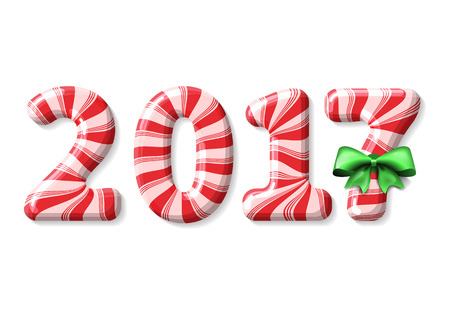 Candy cane numbers of 2017 new year holiday decorated with green bow on white background.のイラスト素材