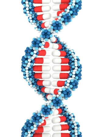 Twisted stacks of medical pills in shape of DNA on white background. 3d isolated illustrationの写真素材