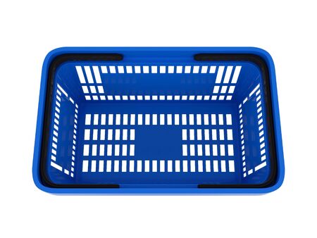 Double handle portable plastic shopping basket for supermarket. 3d isolated illustration on white background. Digitally generated image.の写真素材