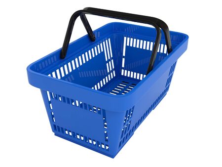 Double handle portable plastic shopping basket for supermarket. 3d isolated illustration on white background. Digitally generated image.の写真素材