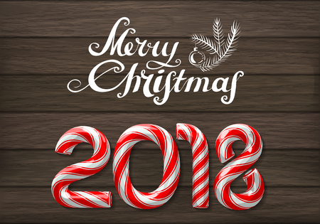 Holiday colorful greeting card with candy cane number of 2018 with greeting text. Decorated wood background. Vector illustrationのイラスト素材