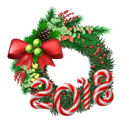 Christmas Wreath. Evergreen holiday wreath with bow and red berries and candy cane number of 2018 year. Vector isolated illustrationのイラスト素材