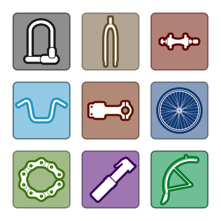 Icons set of bicycle parts and accessories on white background. Vector isolated illustrationのイラスト素材