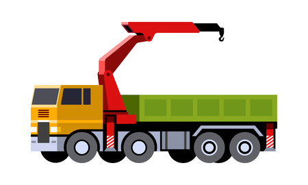 Minimalistic icon knuckle boom crane truck front side view. Mobile crane vehicle. Modern vector isolated illustration. COE - cab over engineのイラスト素材