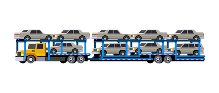 Minimalistic icon of loaded car carrier truck front side view. Car hauler with trailer vehicle. Modern vector isolated illustration.のイラスト素材