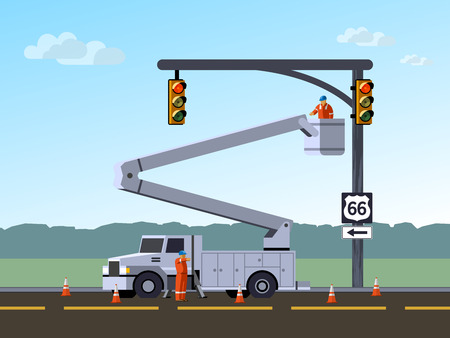 Bucket truck service electrician worker repair or reinstall traffic lights at highway. Aerial work bucket vehicle. Modern vector illustration.のイラスト素材