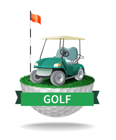 Golf cart on half golf ball with grass. Abstract isolated color vector illustrationのイラスト素材