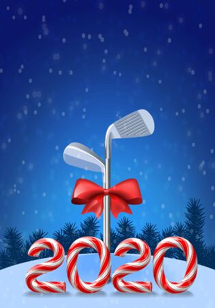 Golf irons tied with a red bow with candy cane numbers of 2020 new year holiday. Vector  illustration on snowy backgroundのイラスト素材