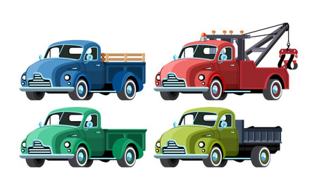 Four vintage truck set. Classic pickup truck front side view. Colorful vector illustration on white backgroundのイラスト素材
