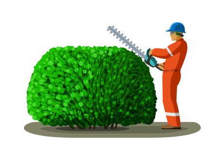 Arborist worker with hedge trimmer pruning tree. Clip art of tree surgeon gardener vector illustration on white backgroundのイラスト素材