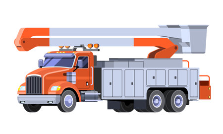 Minimalistic modern bucket truck front side view. Aerial work basket vehicle. Vector clip art of cherry picker on white background.のイラスト素材