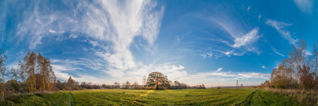 Autumn morning panorama sunrise with beautiful clouds.